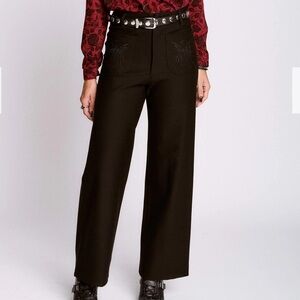 Moth Embroidered Black Wide-Leg High-Waist Pants with Embroidered Front Pockets